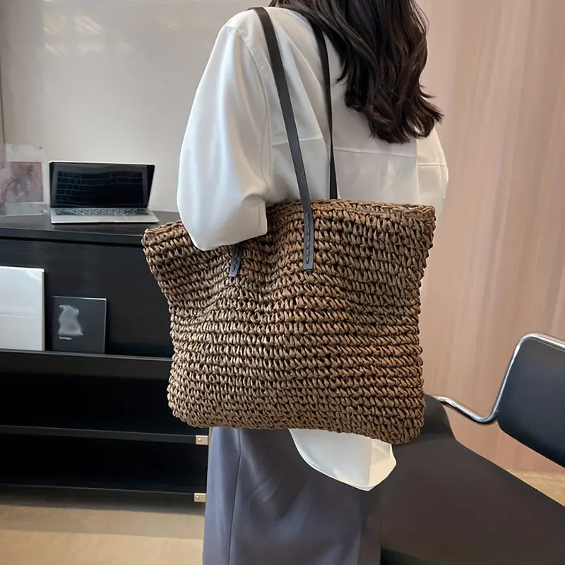 Woven Straw Tote Bag | Oversized Beach Shoulder Bag | Casual Summer Carryall