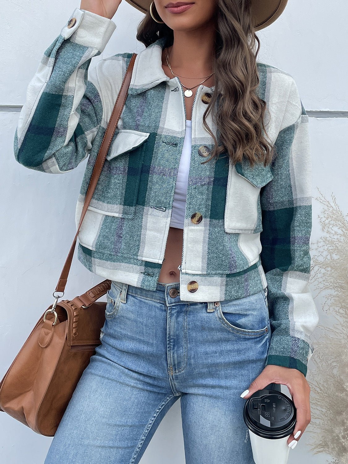 Cropped Plaid Jacket | Trendy Button-Down Design | Lightweight Polyester Blend | Casual Layering