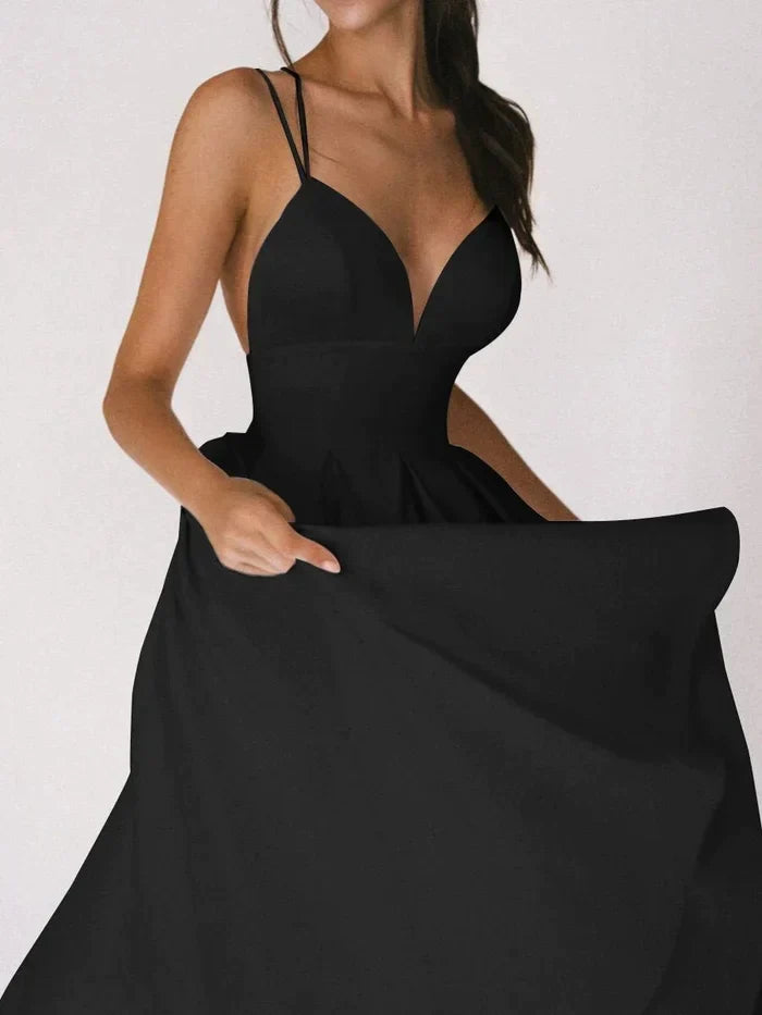 Plunge Neck A-Line Gown | Spaghetti Strap Maxi Dress | Elegant Bridal Silhouette