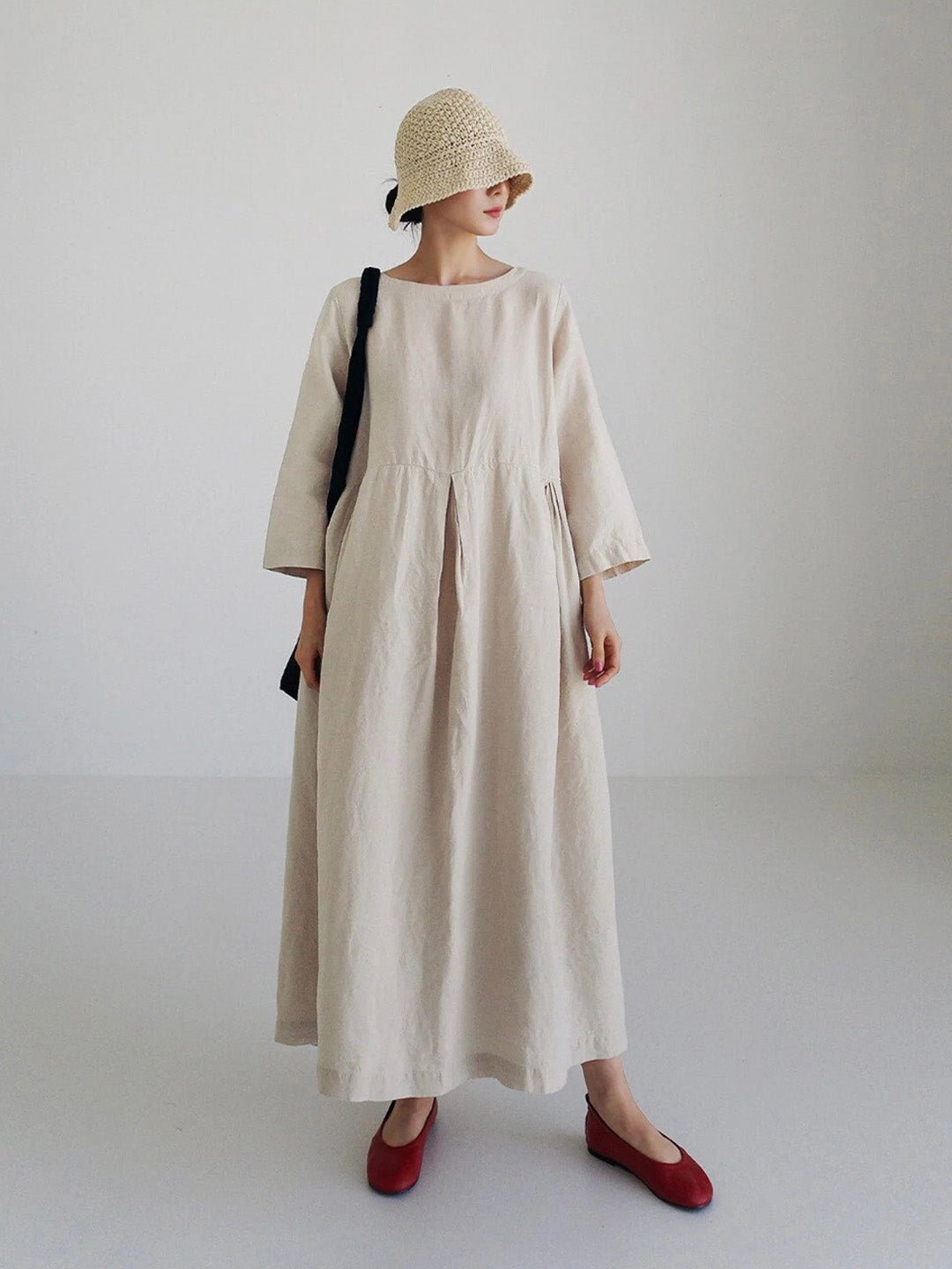 Relaxed Linen Midi Dress | Long Sleeve | Gathered Waist | Everyday Minimalist Style