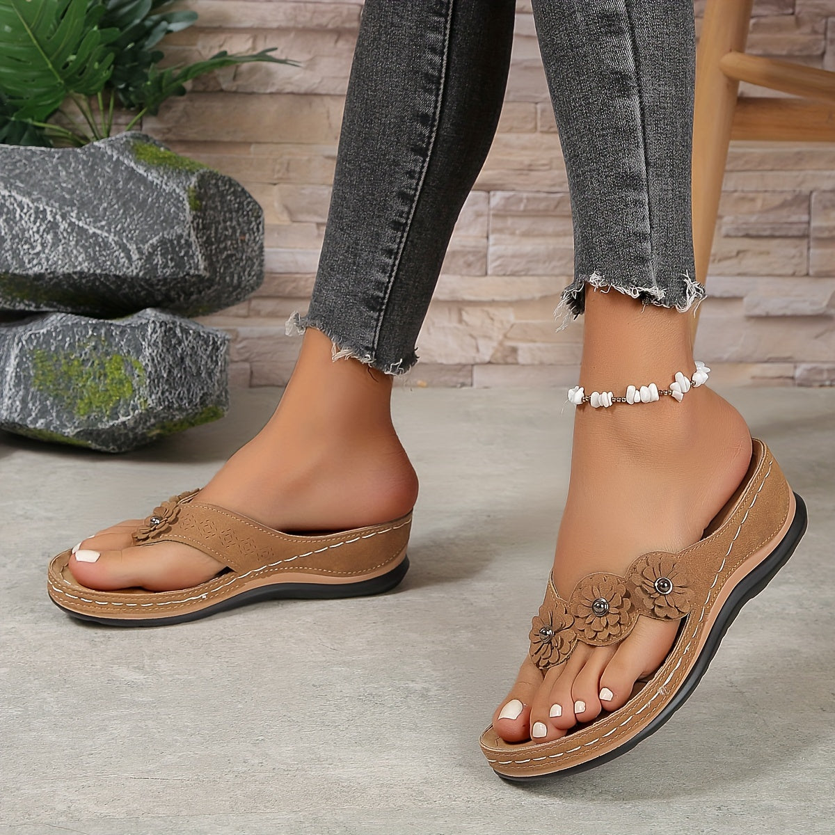 Floral Embellished Flip-Flop Sandals | Cushioned Sole | Casual Summer Comfort