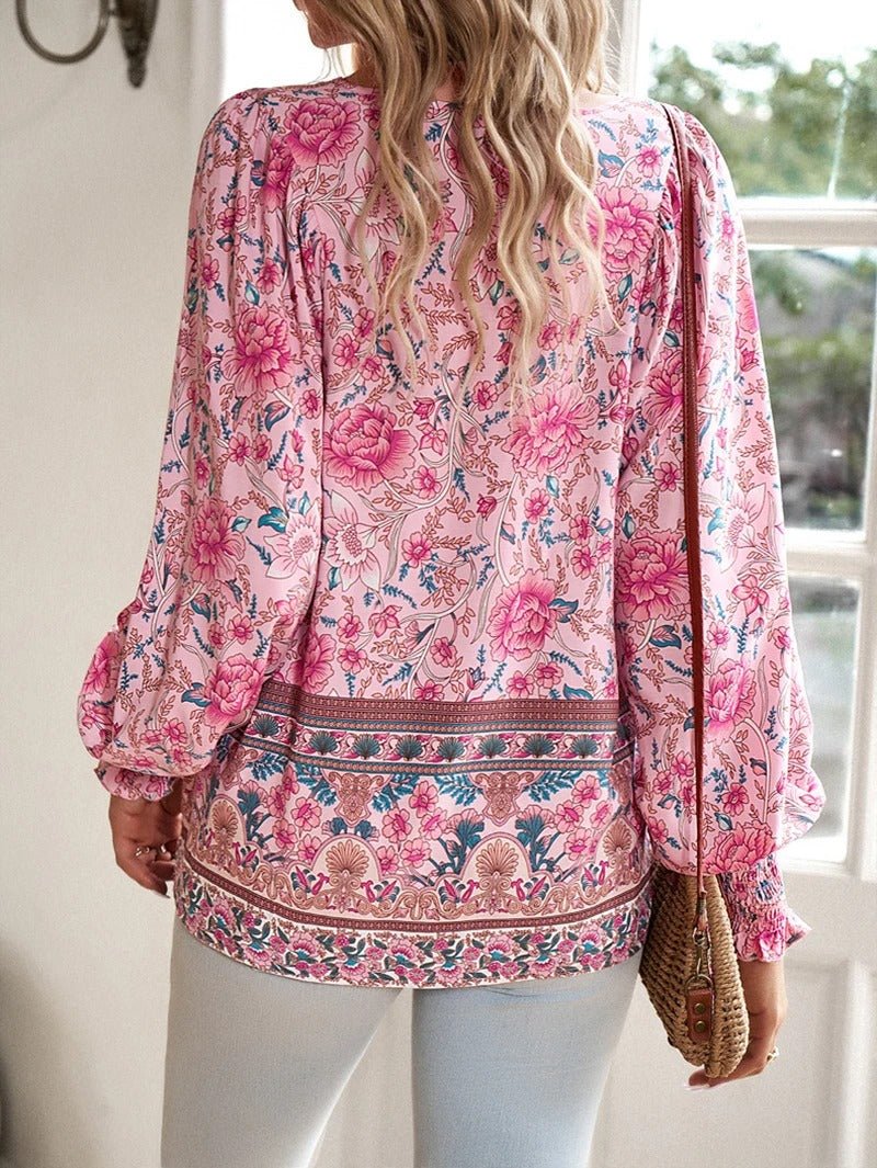 Boho Floral Peasant Blouse | Lightweight Rayon | Tie Neck Detail