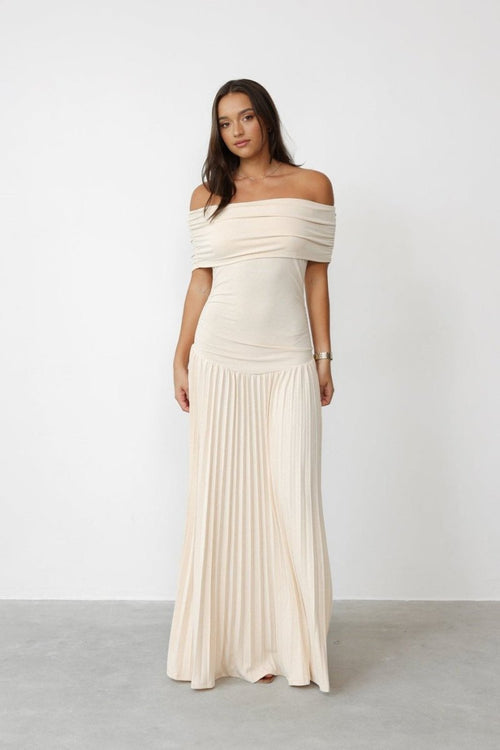 Off-Shoulder Pleated Maxi Dress | Elegant Evening Wear | Neutral Tone