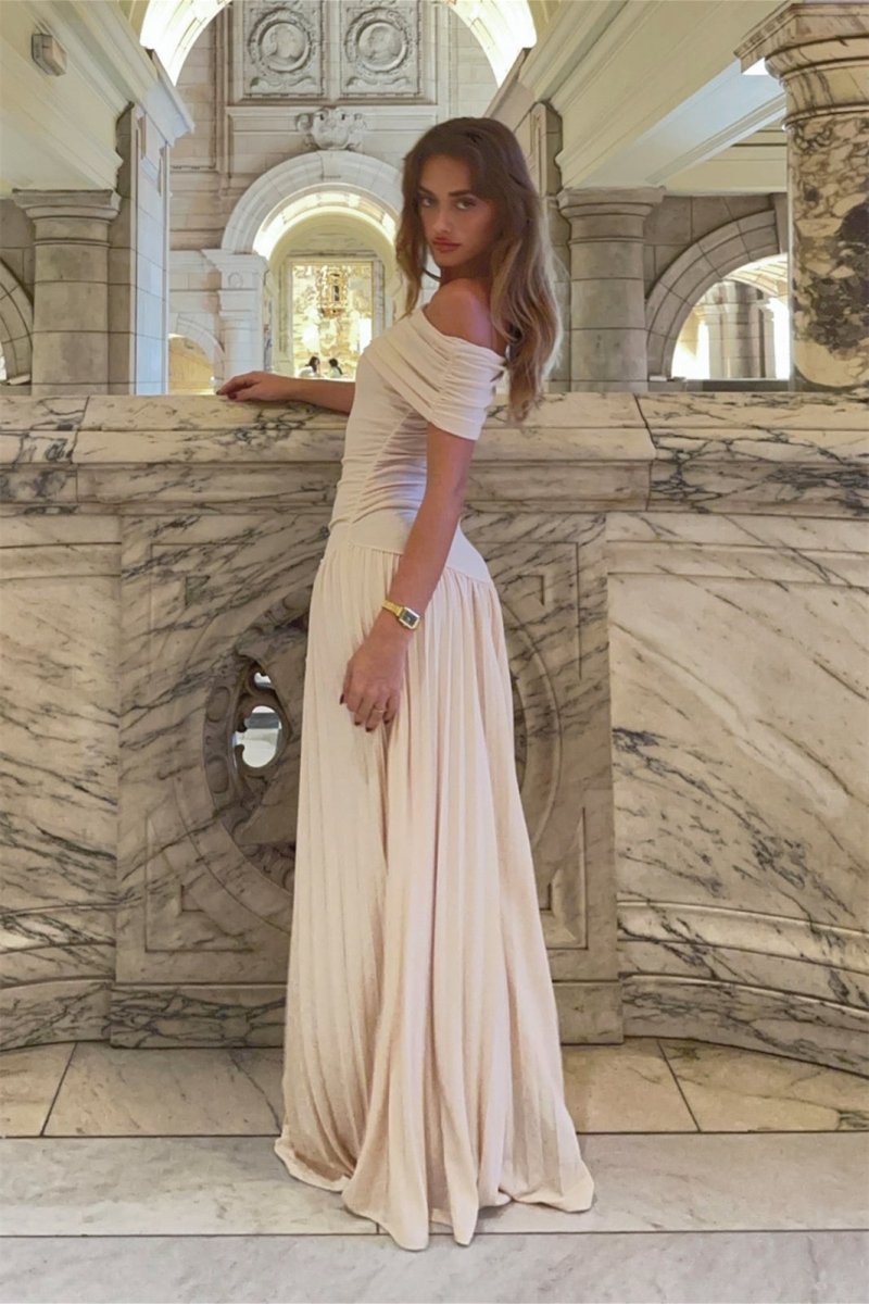Off-Shoulder Pleated Maxi Dress | Elegant Evening Wear | Neutral Tone