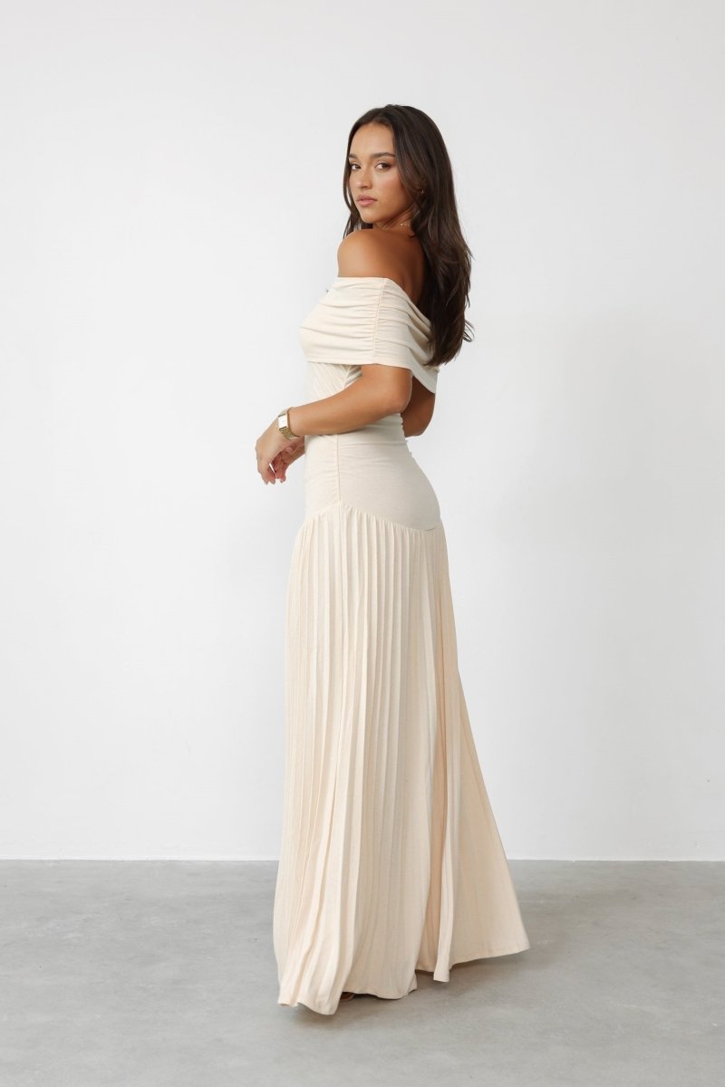 Off-Shoulder Pleated Maxi Dress | Elegant Evening Wear | Neutral Tone