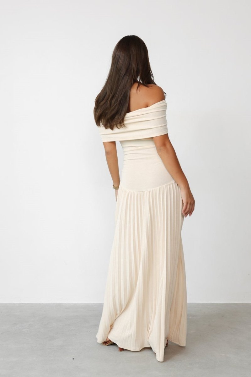 Off-Shoulder Pleated Maxi Dress | Elegant Evening Wear | Neutral Tone