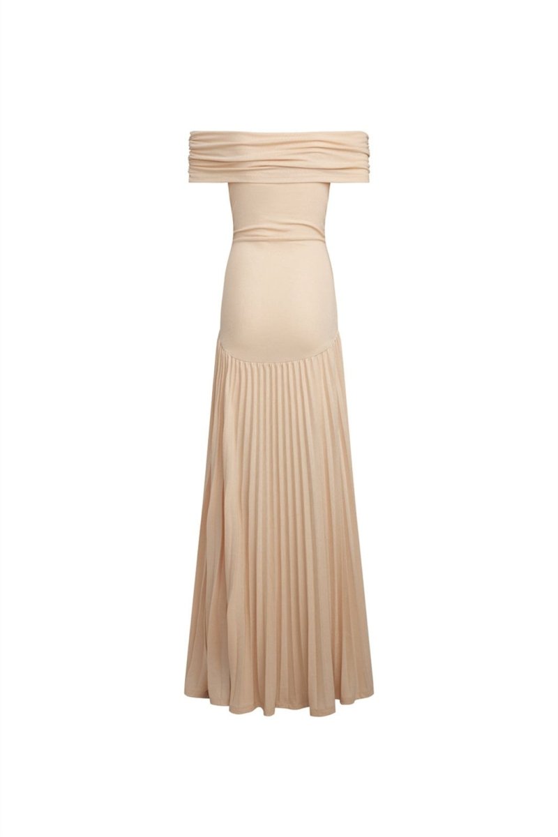 Off-Shoulder Pleated Maxi Dress | Elegant Evening Wear | Neutral Tone