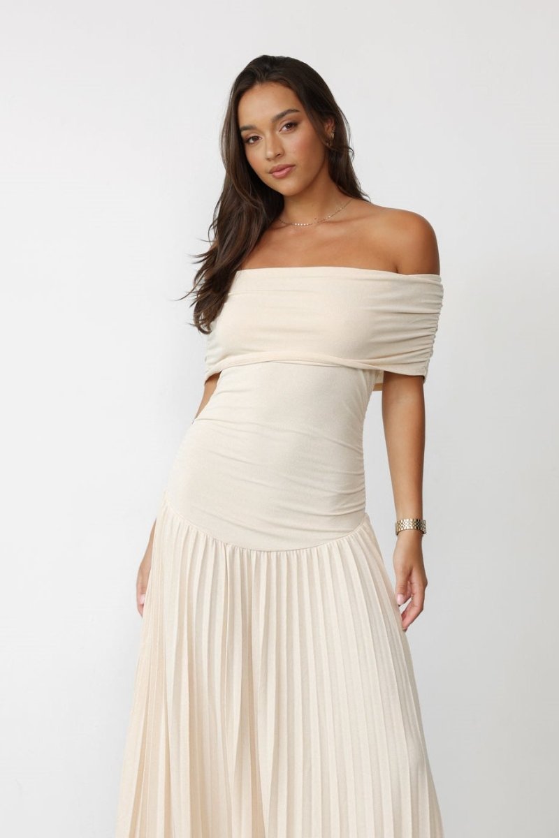 Off-Shoulder Pleated Maxi Dress | Elegant Evening Wear | Neutral Tone