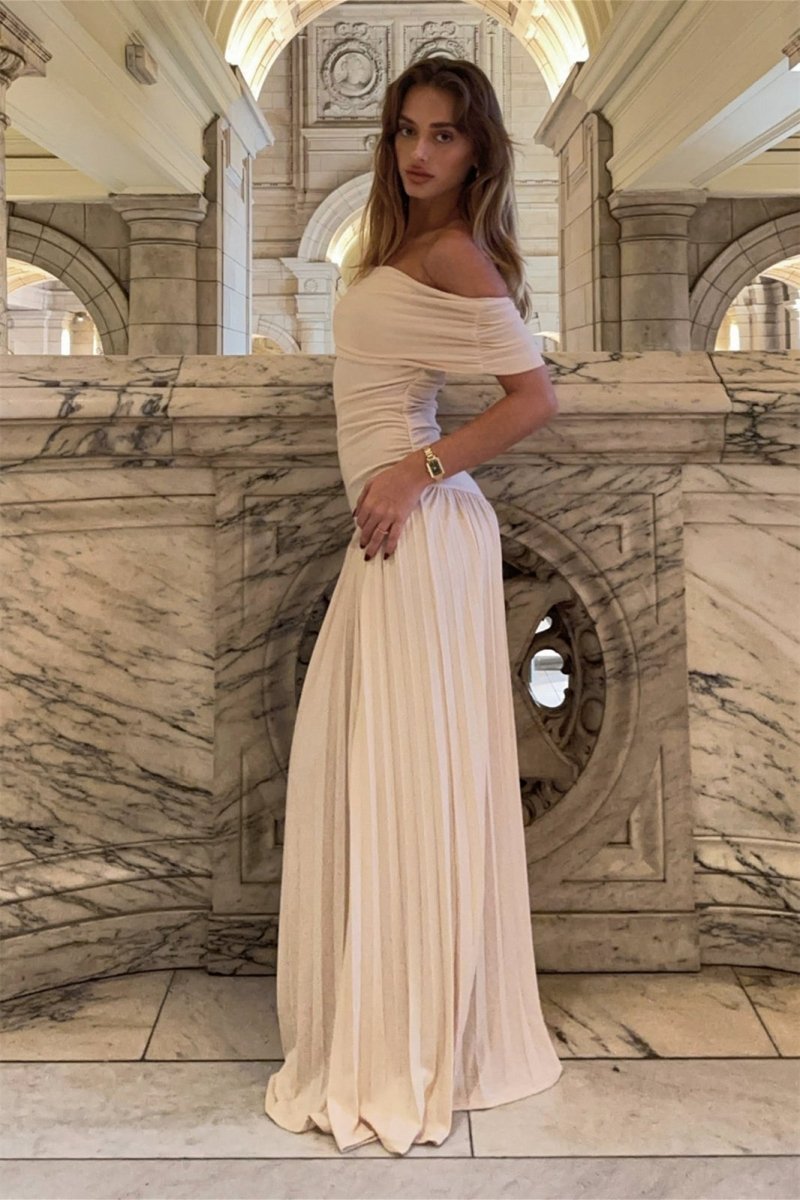 Off-Shoulder Pleated Maxi Dress | Elegant Evening Wear | Neutral Tone