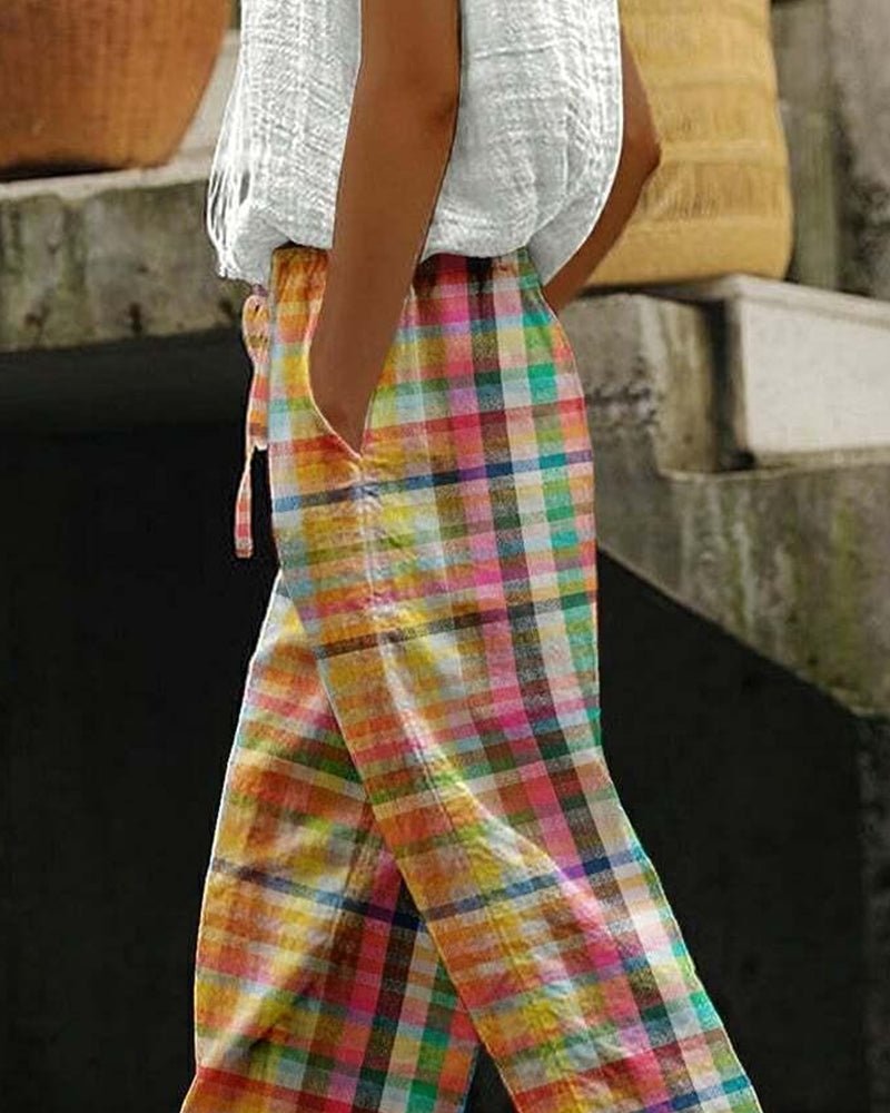 Relaxed Fit Plaid Linen Pants | Lightweight Drawstring Waist | Casual Tapered Leg