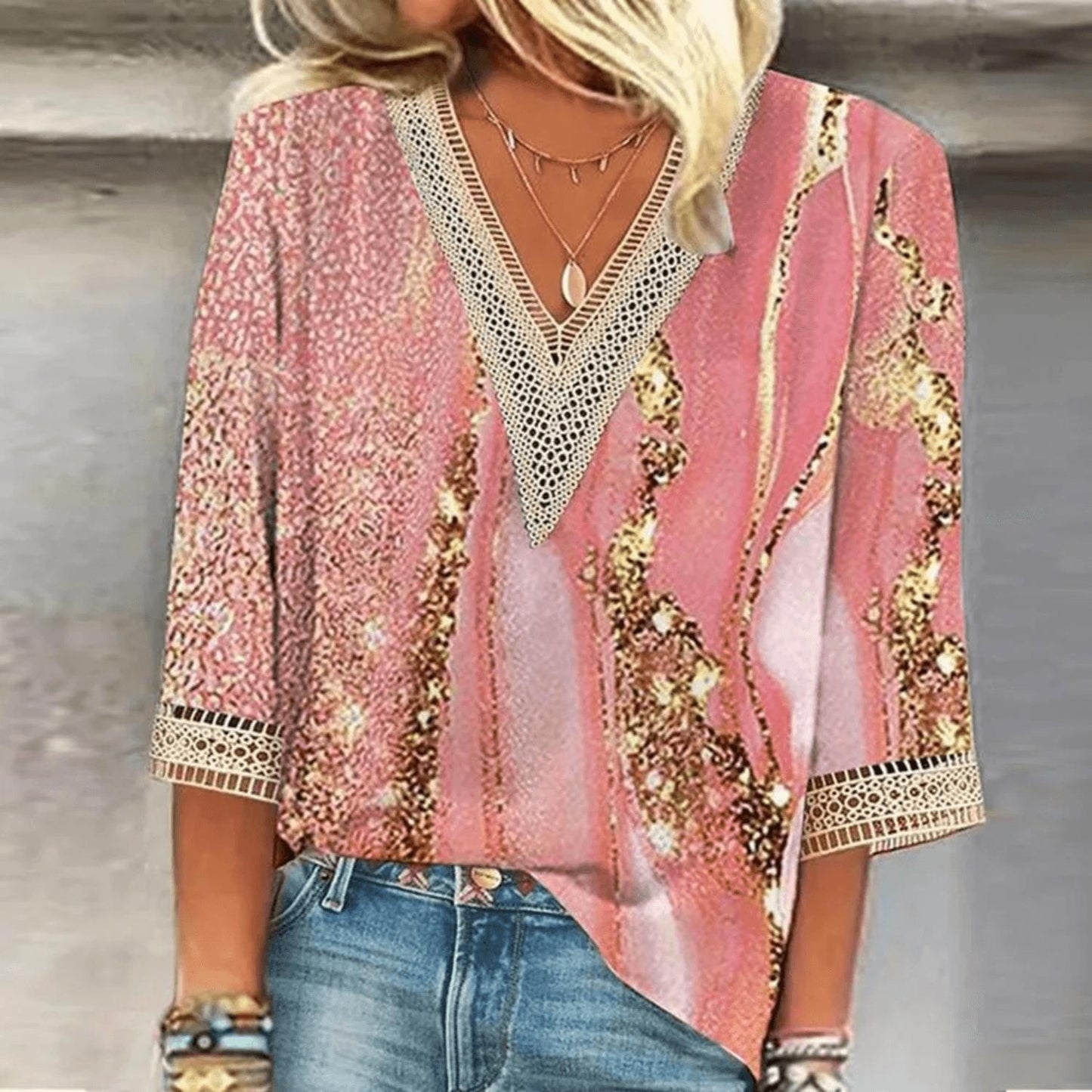 Women's Sequin Blouse | V-Neck with Crochet Trim | Relaxed Fit Party Top