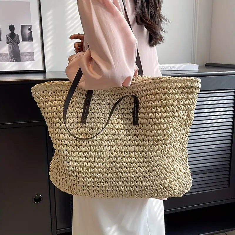 Woven Straw Tote Bag | Oversized Beach Shoulder Bag | Casual Summer Carryall