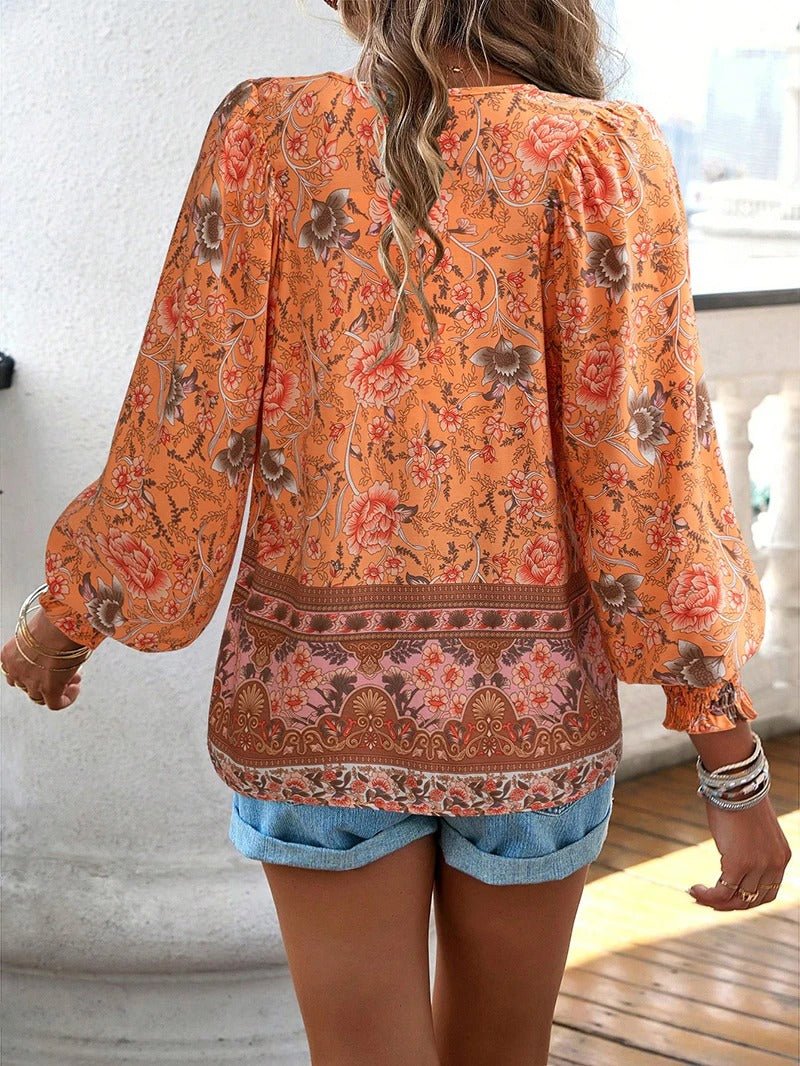 Boho Floral Peasant Blouse | Lightweight Rayon | Tie Neck Detail