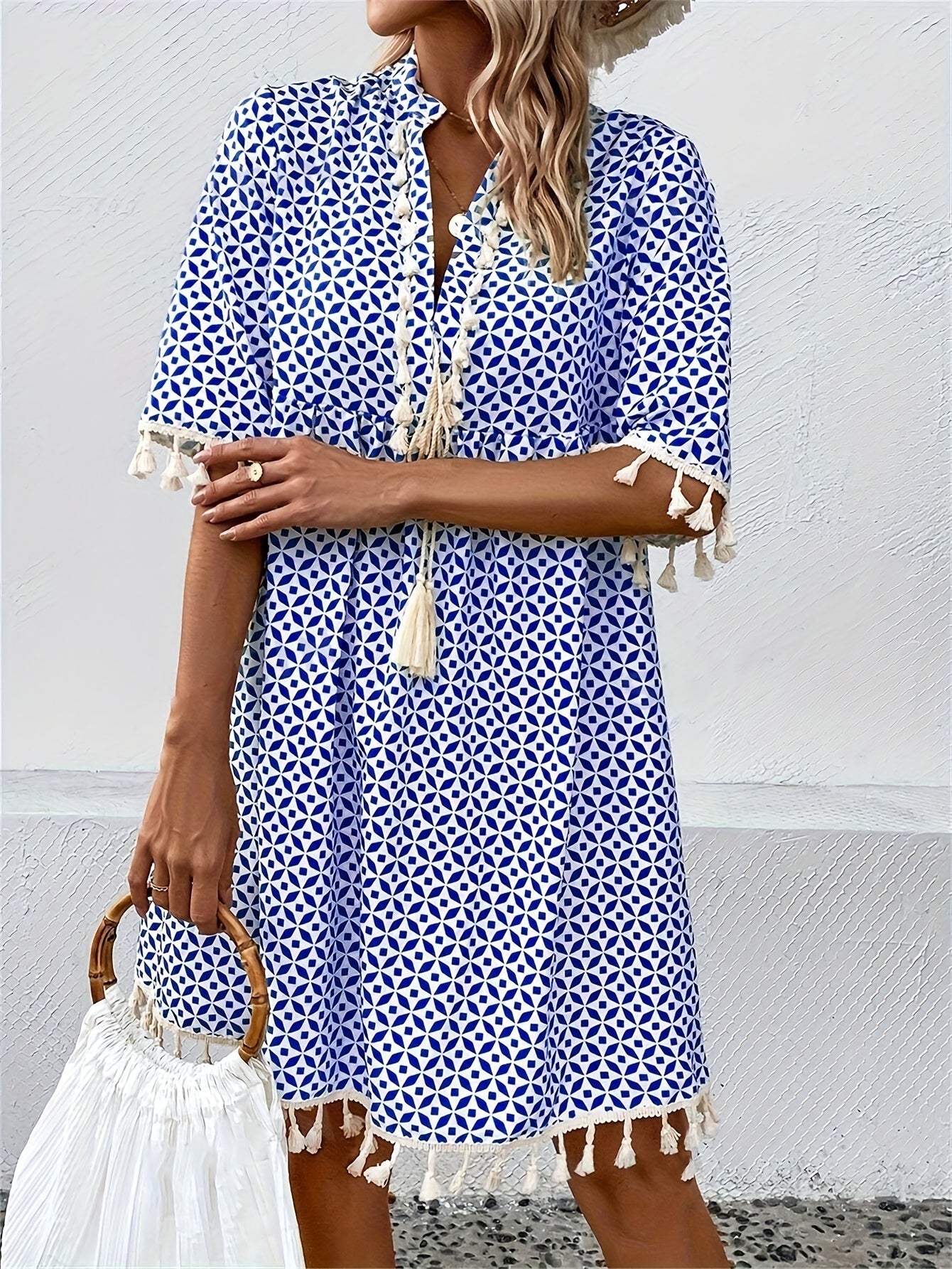 Boho Tassel Mini Dress | Lightweight Printed Cotton | Relaxed Fit Summer Style