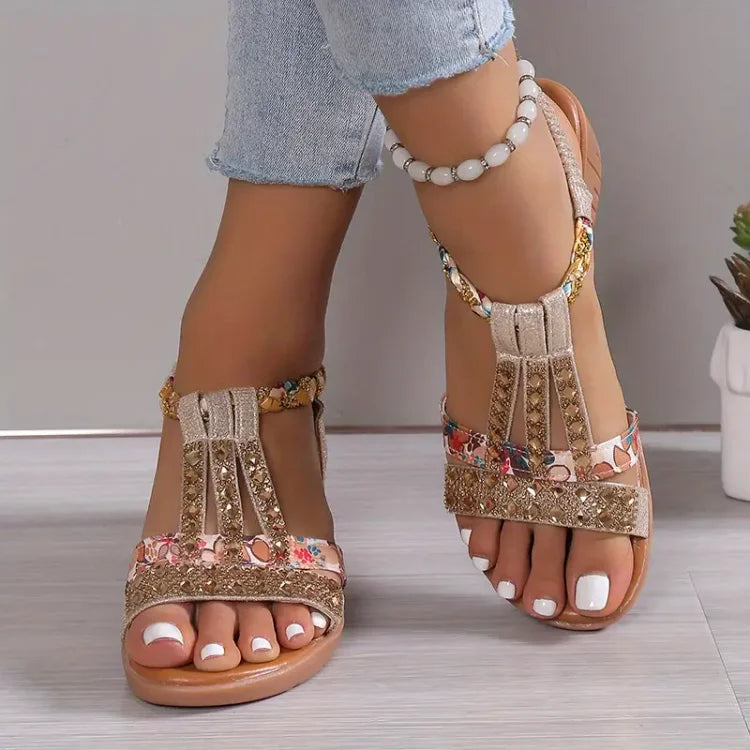 Women’s Rhinestone Wedge Sandals | Elastic Slingback Summer Shoes | Cushioned Comfort with Sparkle