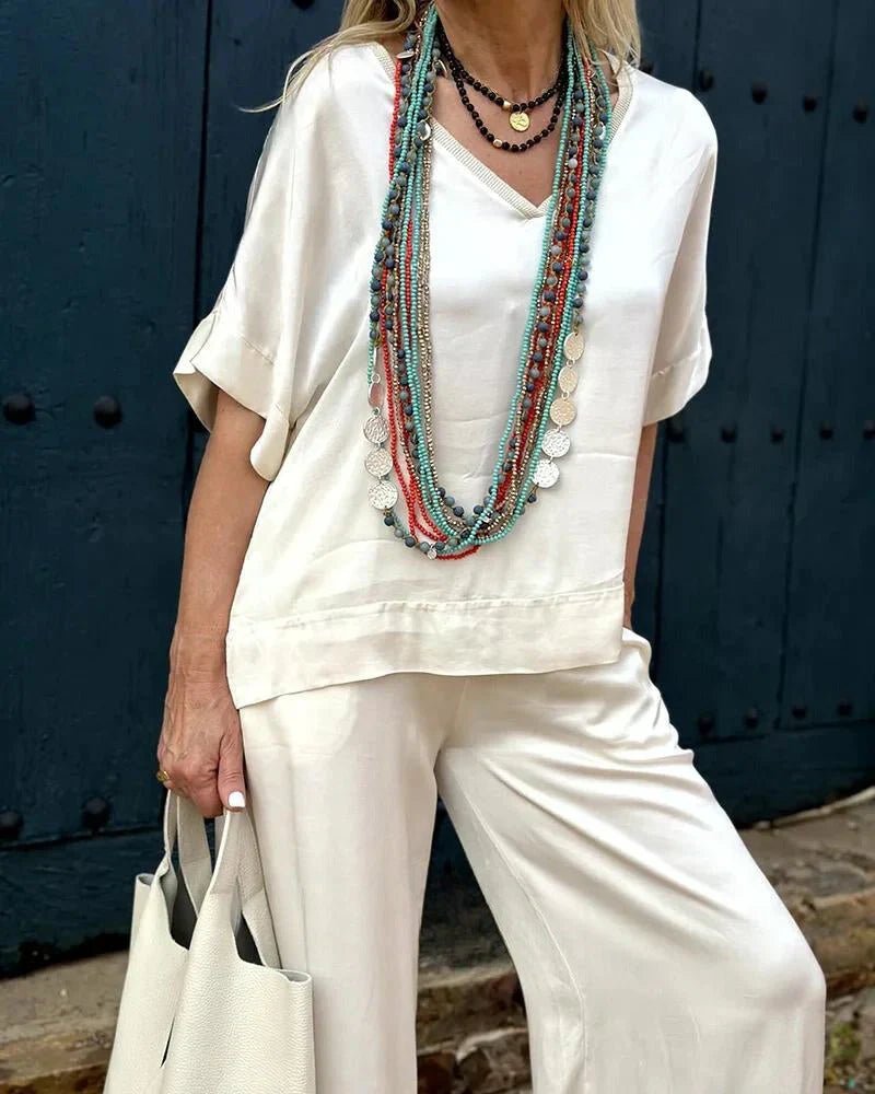 Wide-Leg Satin Lounge Set | V-Neck Top & Relaxed Trousers | Effortless Day-to-Night Look