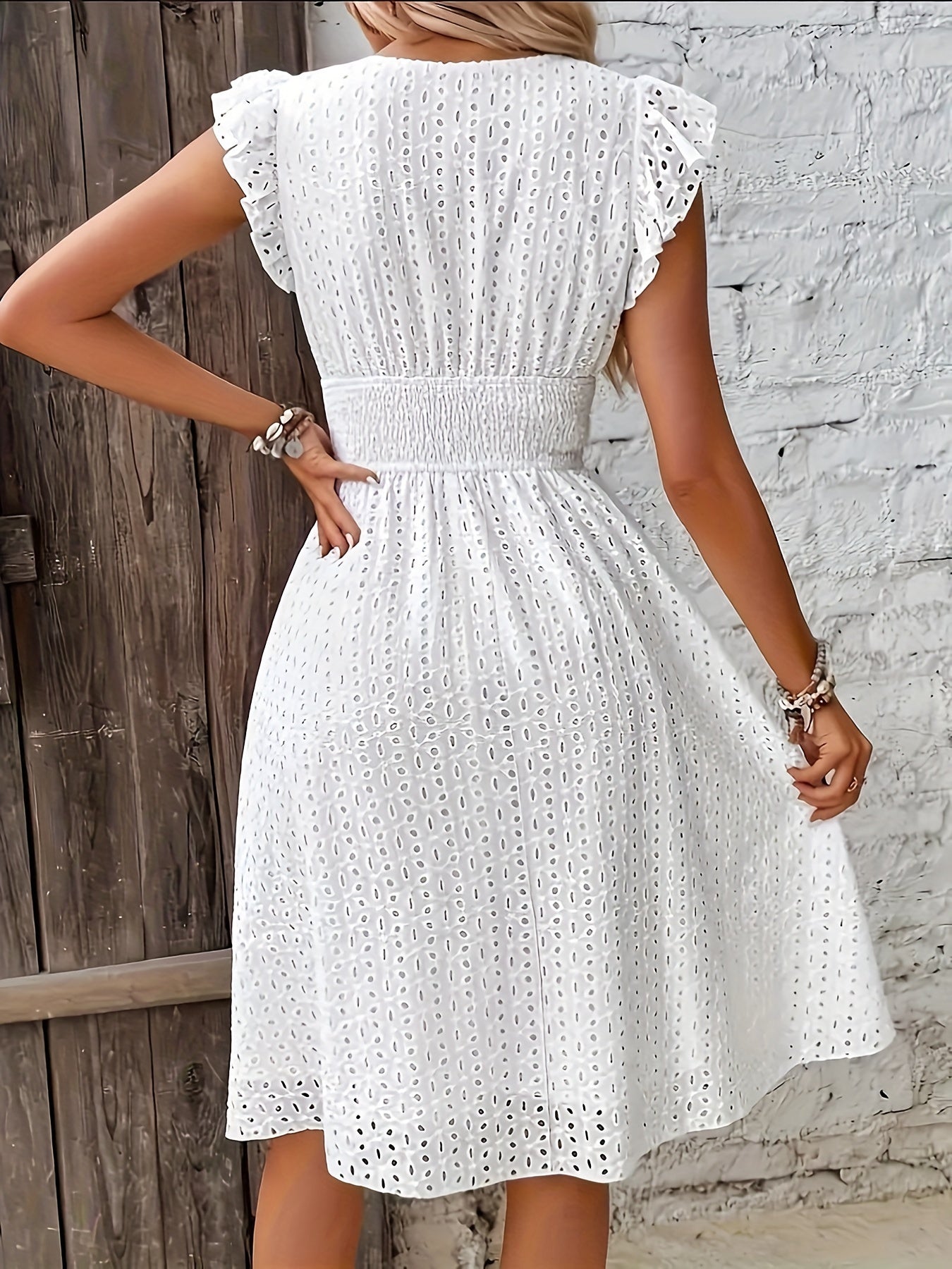 Eyelet Midi Dress | Flutter Sleeves & Smocked Waist | Cotton-Blend Summer Style