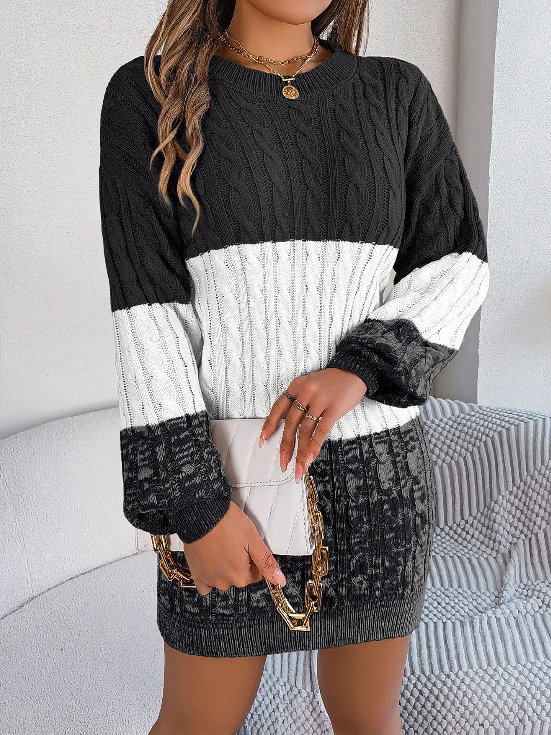 Colour-Block Cable Knit Sweater Dress | Long Sleeves | Cozy Winter Style