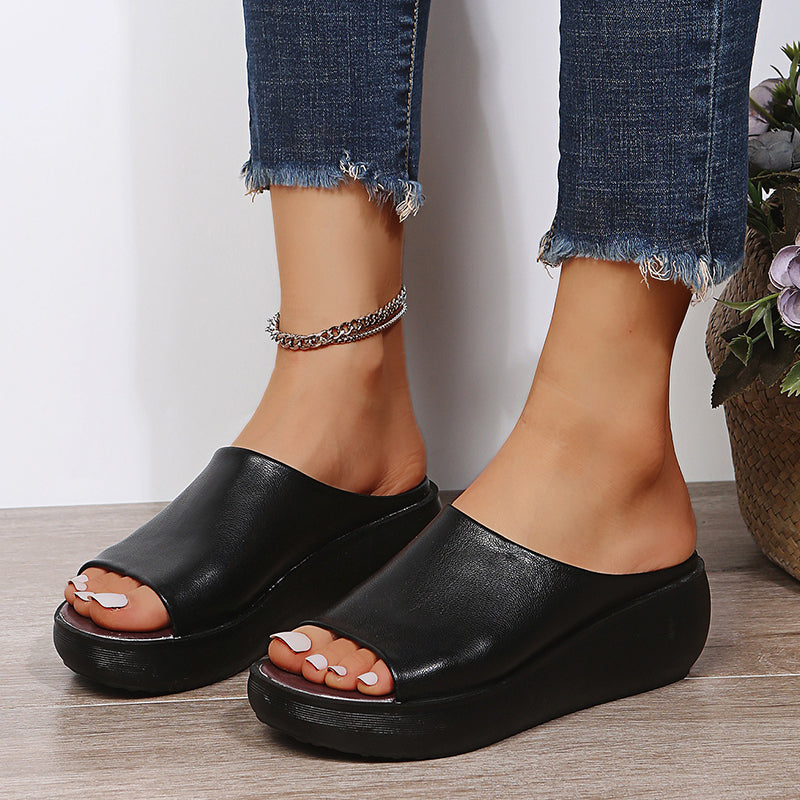 Minimalist Open-Toe Slides | Faux Leather Slip-On | Cushioned Flat Sole