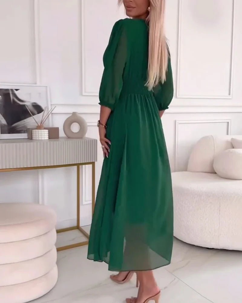 Chiffon Midi Dress | 3/4 Sleeve | V-Neck Ruched Waist Silhouette