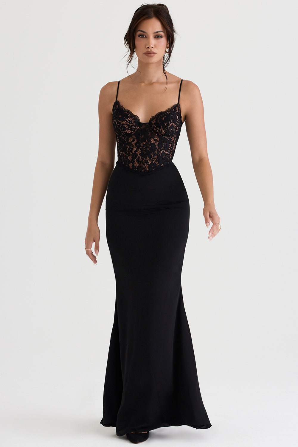 Lace-Detail Maxi Gown | Sleek Fit | Spaghetti Straps | Black