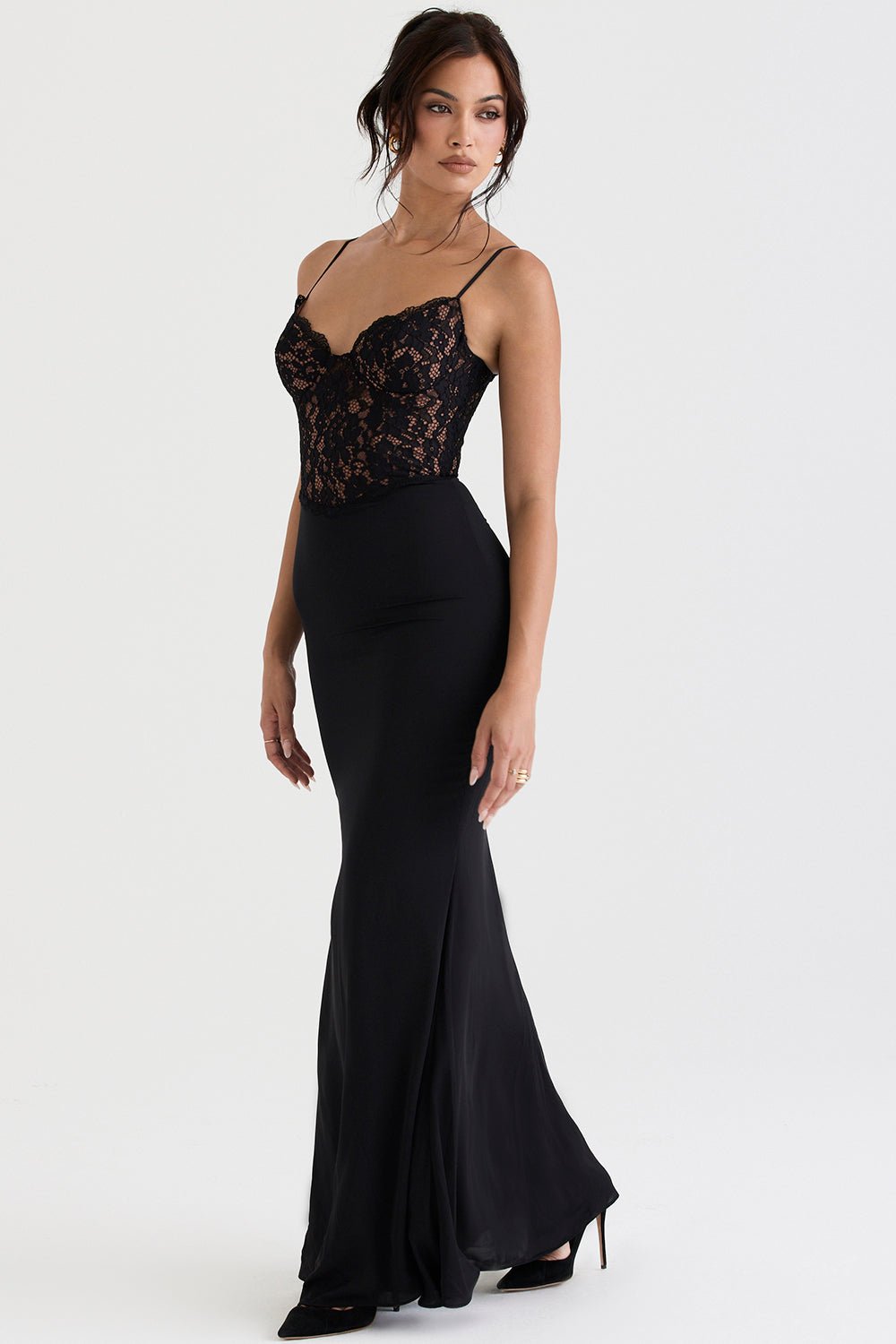 Lace-Detail Maxi Gown | Sleek Fit | Spaghetti Straps | Black