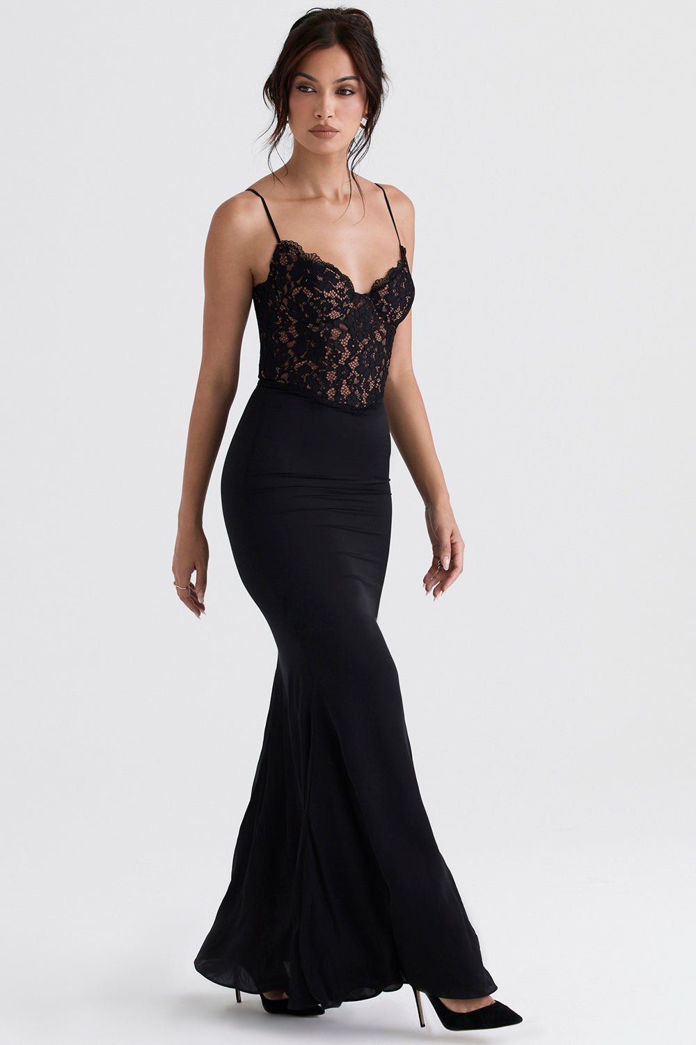 Lace-Detail Maxi Gown | Sleek Fit | Spaghetti Straps | Black