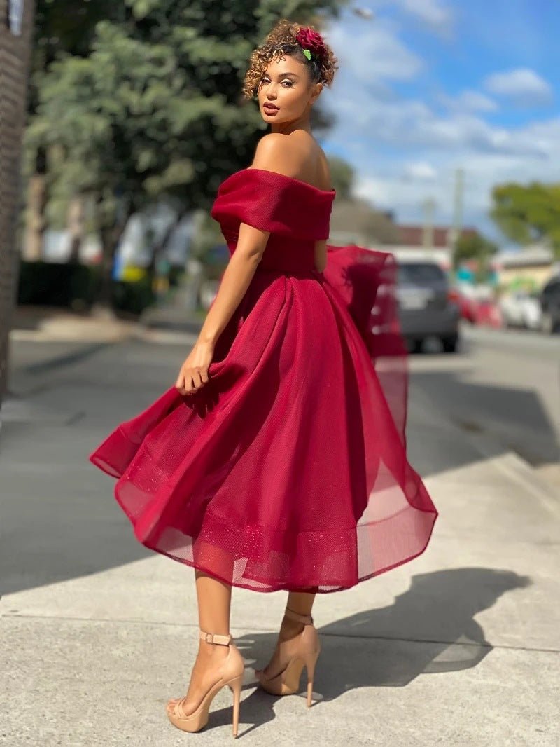 Off-Shoulder A-Line Midi Dress | Elegant Tulle Overlay | Formal Evening & Party Wear