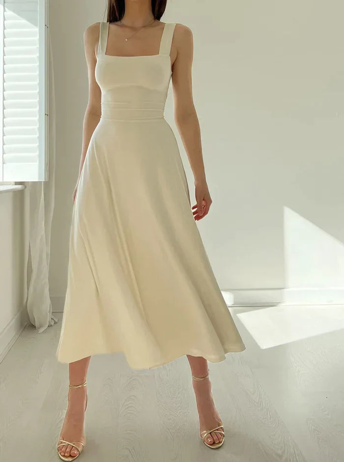 Square Neck Sleeveless Midi Dress | Fitted Bodice Flared Hem | Elegant Summer Occasion Look
