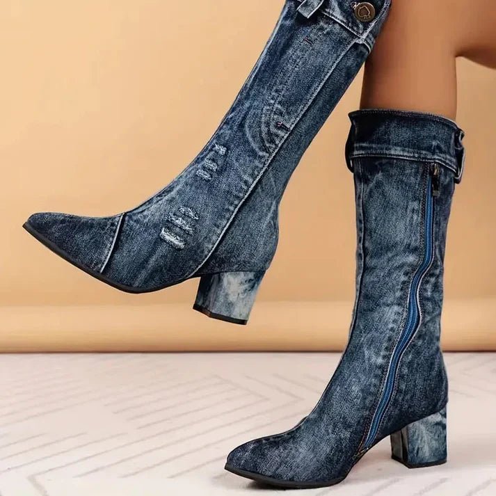 Denim Mid-Calf Boots | Distressed Style | Chunky Heel | Casual Statement