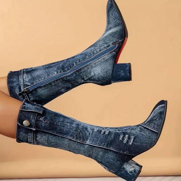 Denim Mid-Calf Boots | Distressed Style | Chunky Heel | Casual Statement
