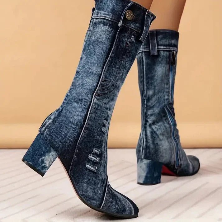 Denim Mid-Calf Boots | Distressed Style | Chunky Heel | Casual Statement