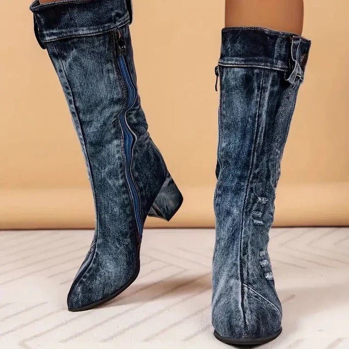 Denim Mid-Calf Boots | Distressed Style | Chunky Heel | Casual Statement