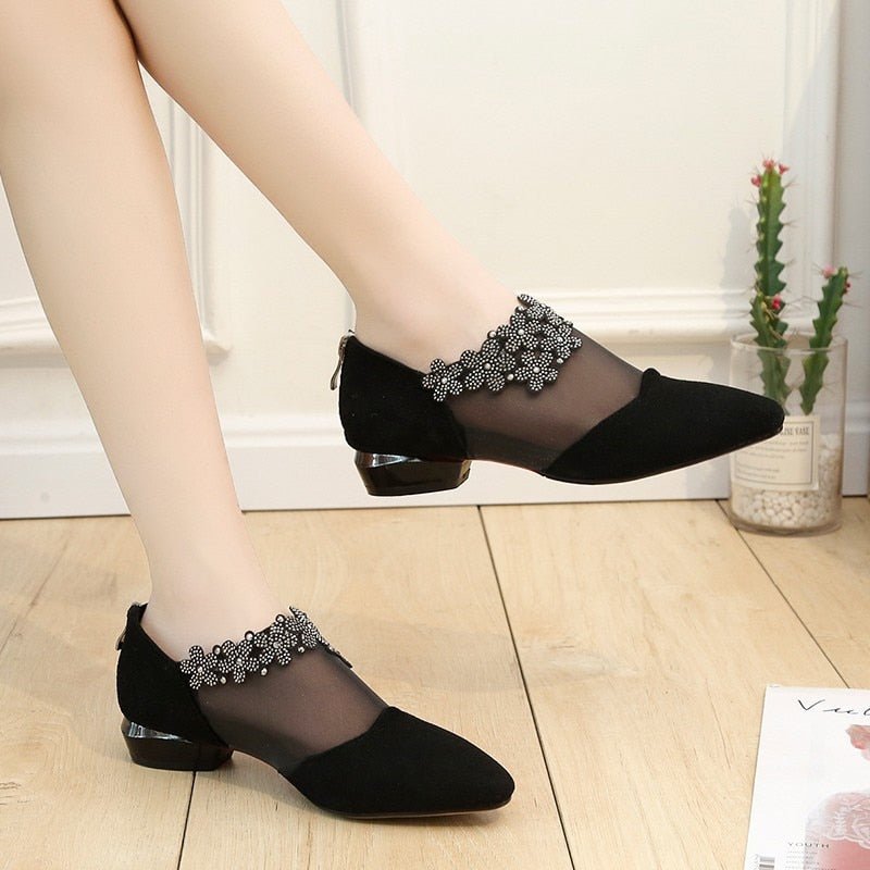 Floral Mesh Pointed Flats | Embellished Strap | Low Heel