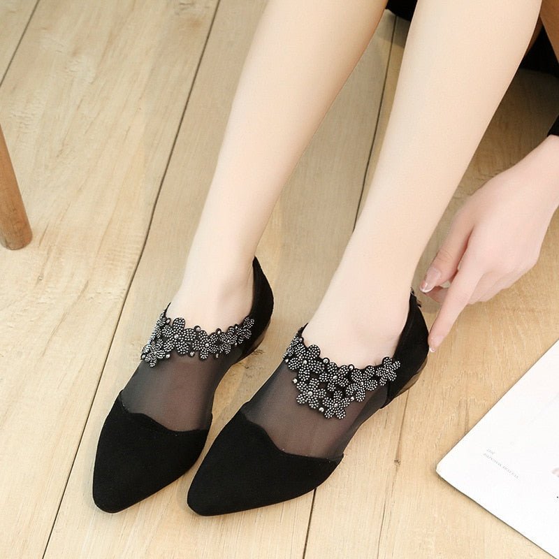 Floral Mesh Pointed Flats | Embellished Strap | Low Heel