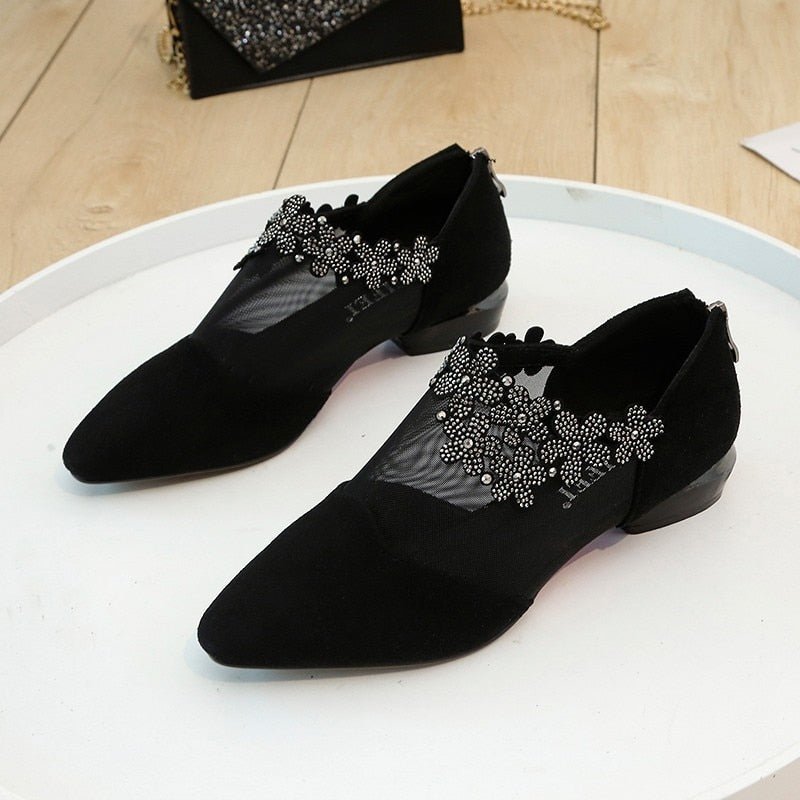 Floral Mesh Pointed Flats | Embellished Strap | Low Heel