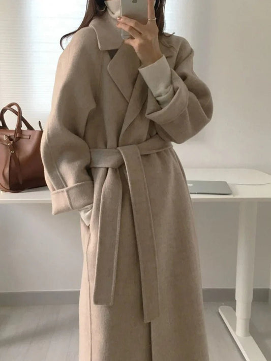 Women's Longline Wool Blend Coat | Belted Wrap Design | Minimalist Outerwear