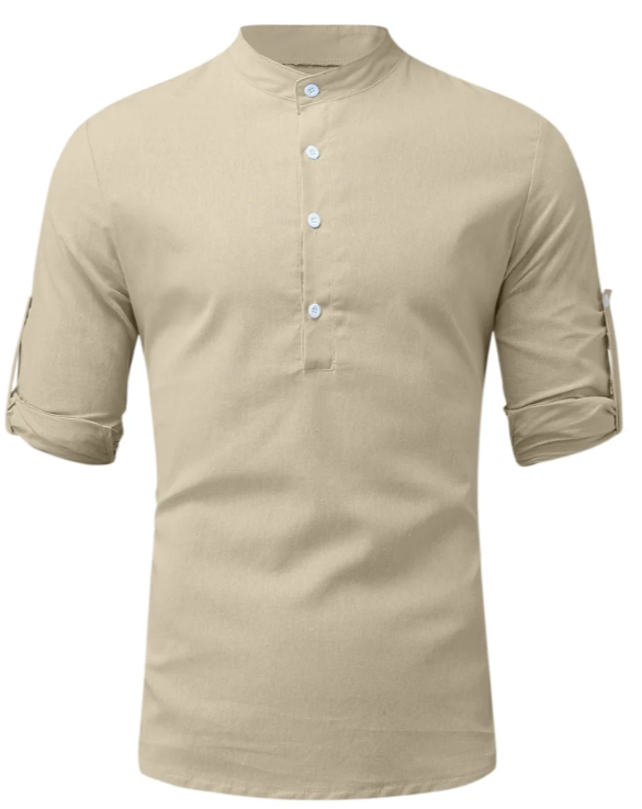 Mandarin Collar Henley Shirt | Slim Fit | Roll-Up Sleeves