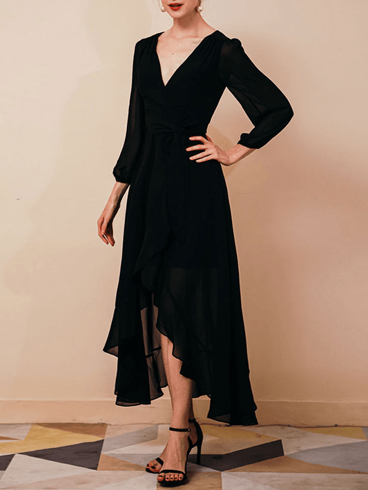 Elegant V-Neck Chiffon Dress | High-Low Hem | Flowy & Feminine | Evening Wear