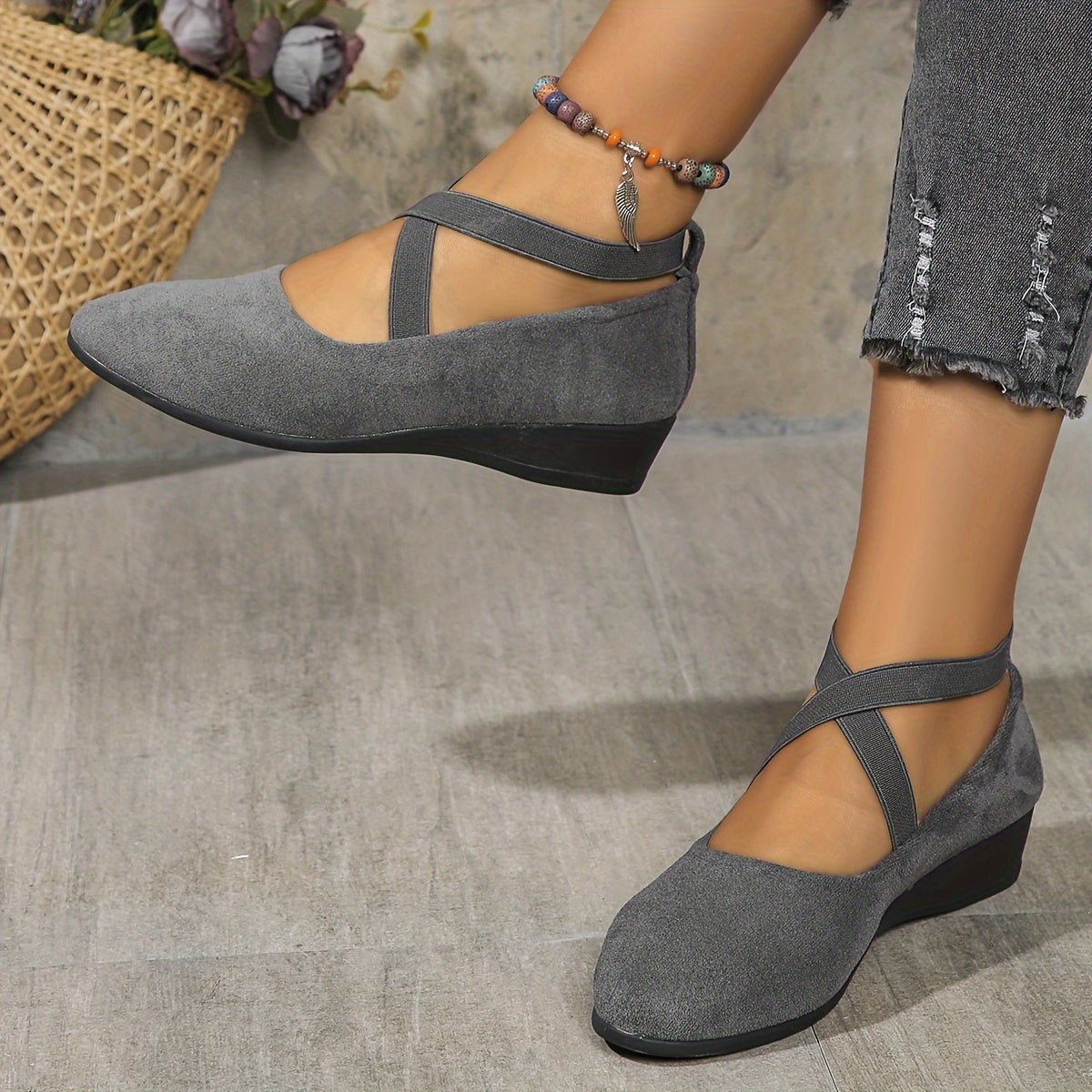 Cross-Strap Wedge Flats | Suede-Look Upper | Cushioned Hidden Heel