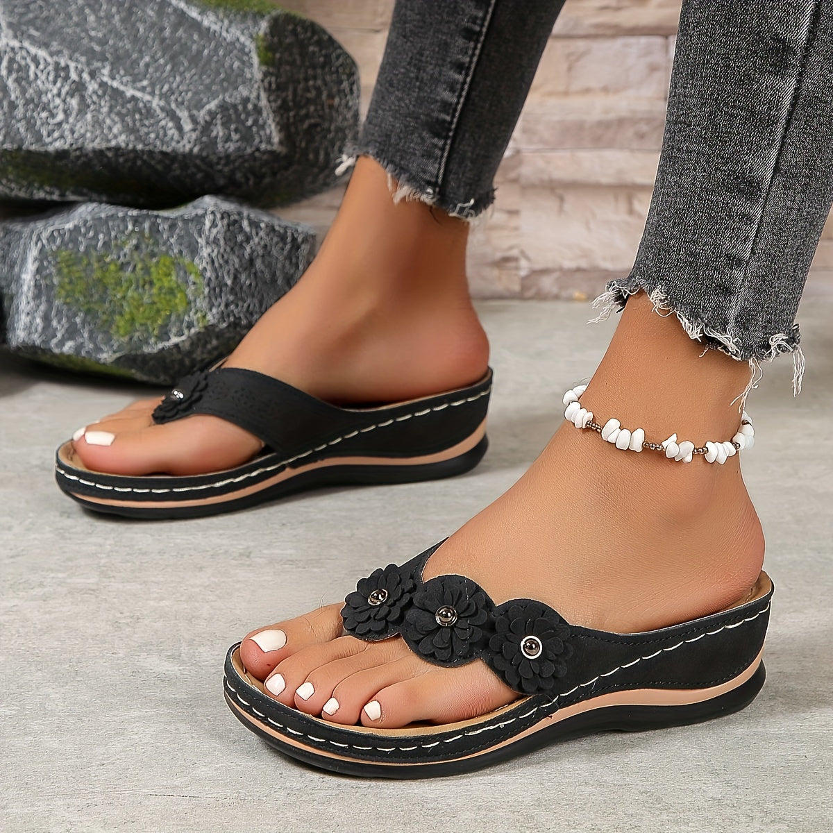Floral Embellished Flip-Flop Sandals | Cushioned Sole | Casual Summer Comfort