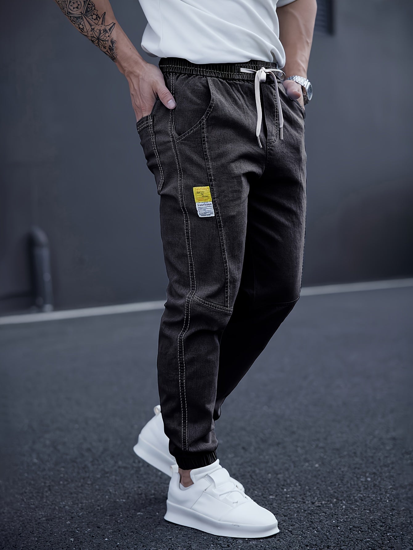Men’s Drawstring Denim Joggers | Relaxed Fit Streetwear Jeans | Distressed Light Wash