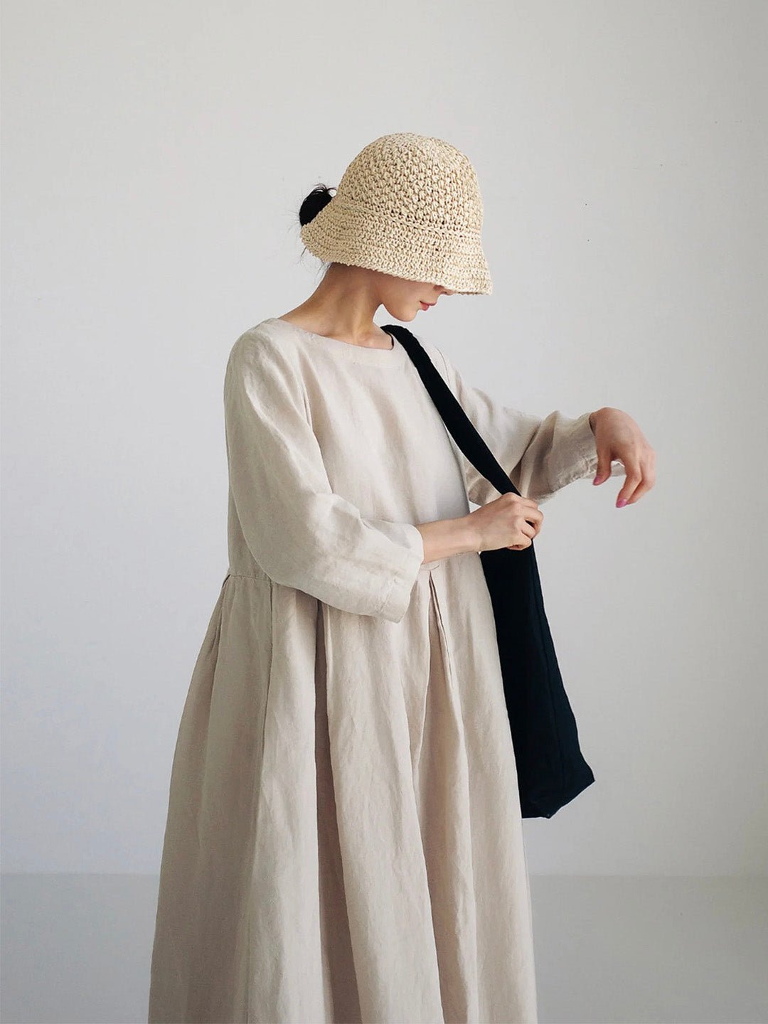 Relaxed Linen Midi Dress | Long Sleeve | Gathered Waist | Everyday Minimalist Style