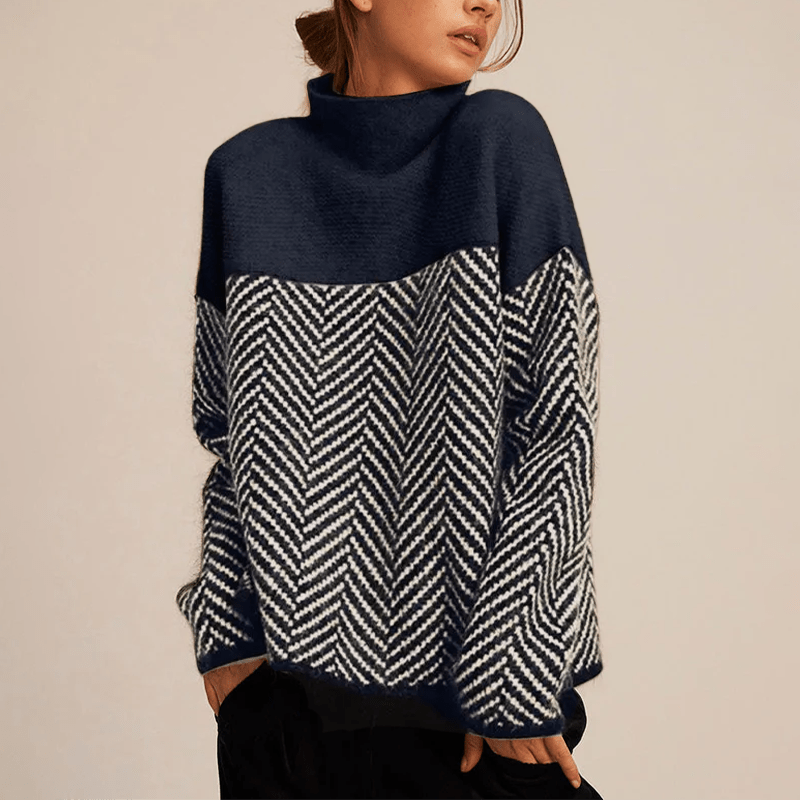 Wool Blend Mock Neck Sweater | Chevron Knit Panel & Relaxed Fit