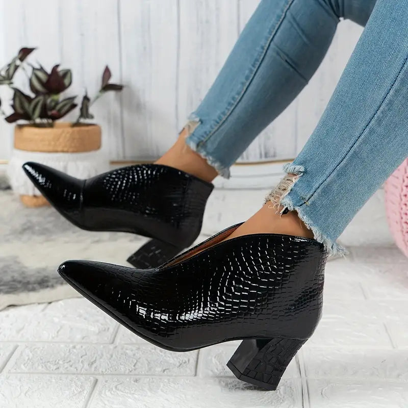 Textured Ankle Boots | Snakeskin Look with Curved Cut | Mid Heel Western Style