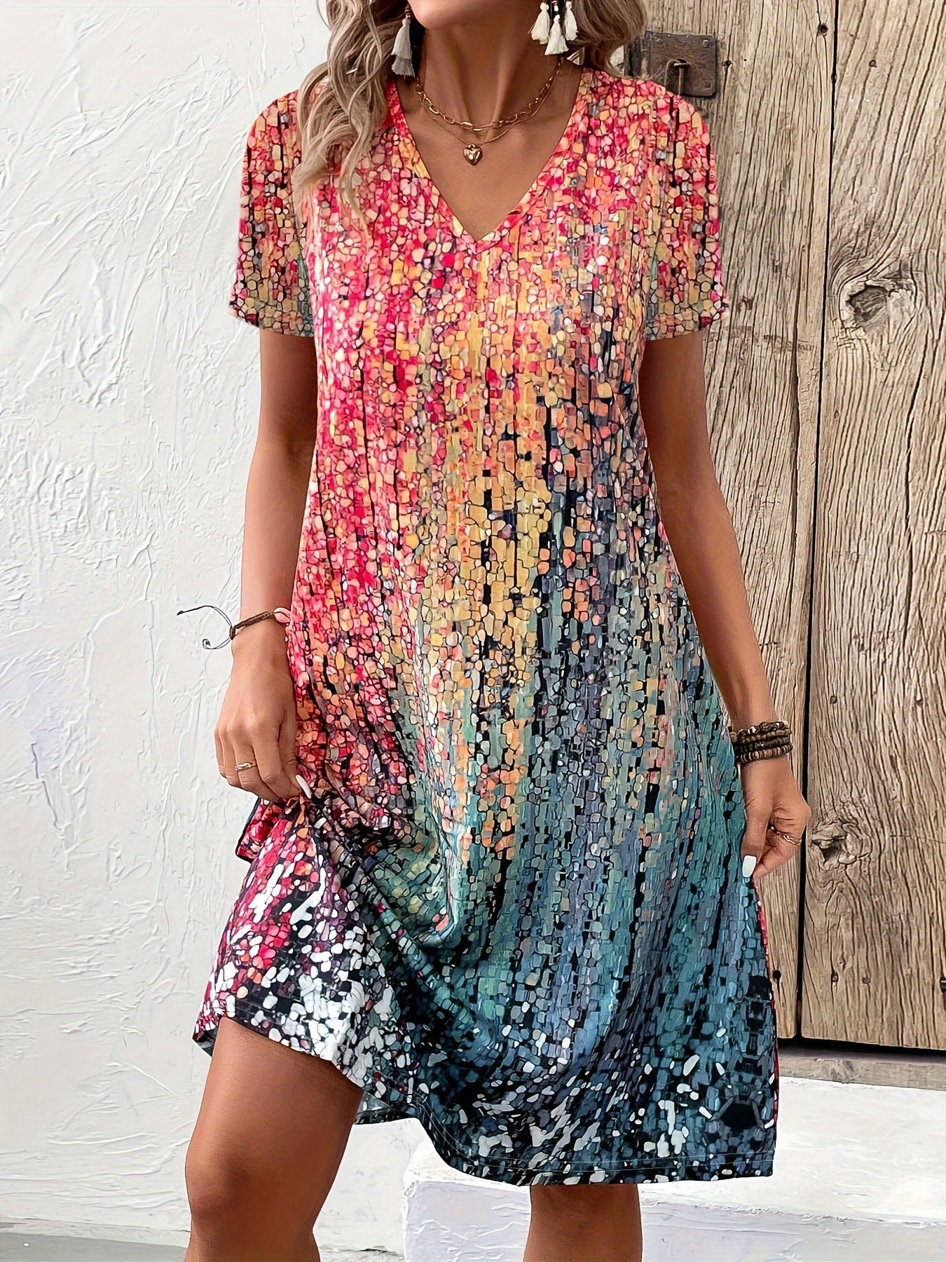 Vibrant Gradient Swing Dress | Abstract Print | Casual Fit with Stretch