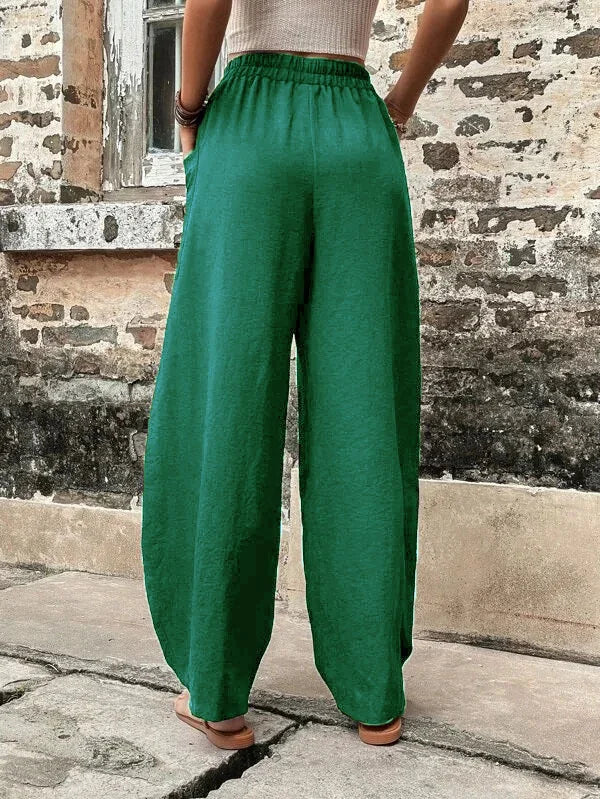 High-Waisted Wide-Leg Pants | Lightweight Linen Blend | Elastic Waist & Pockets