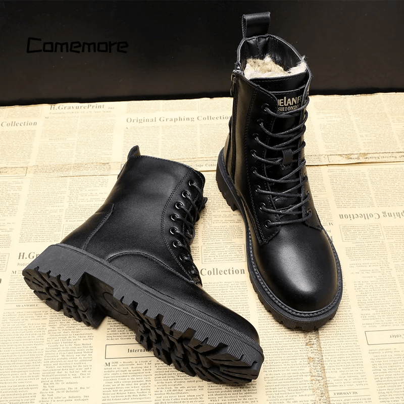 Fur Lined Combat Boots | Lace-Up + Side Zip | Waterproof Winter Tread