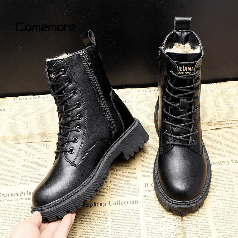 Fur Lined Combat Boots | Lace-Up + Side Zip | Waterproof Winter Tread