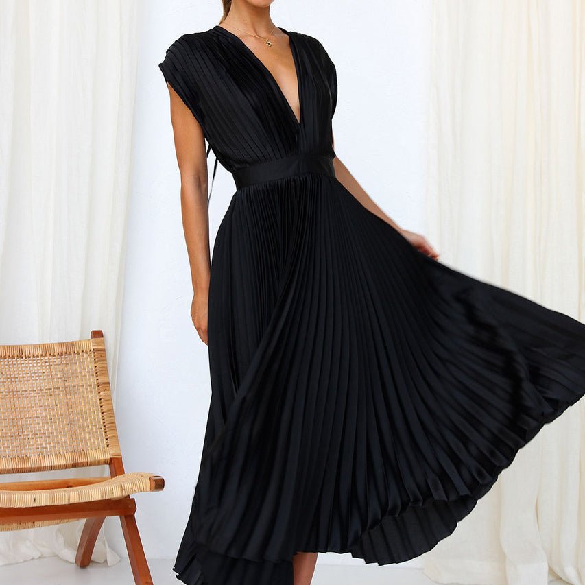 Pleated Satin Midi Dress | Deep V-Neck | Cap Sleeve